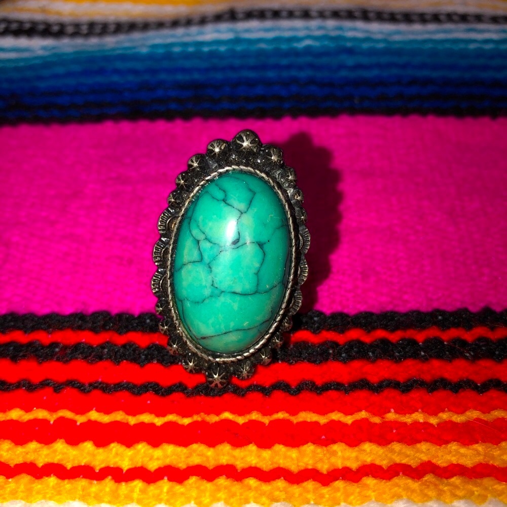 Turquoise Oval Setting Silver Ring Stretch Fit - image 1